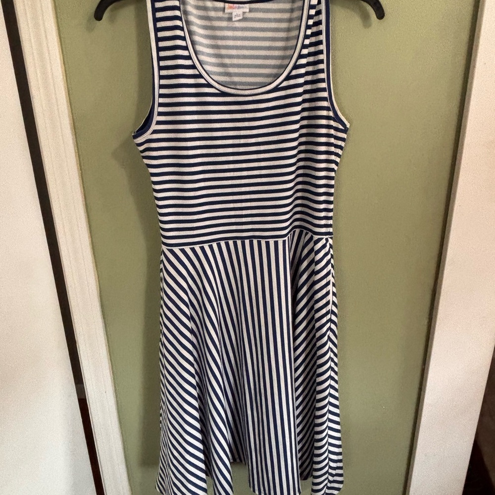 LuLaRoe Navy and White Striped Sleeveless Fit & Flare Mini Dress